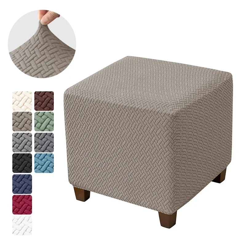 Solid Color Velvet-Spandex Jacquard Square Ottoman Elastic Stretch Footrest Slipcovers/Colors-Gray/White/Beige/Black/Blue/Green