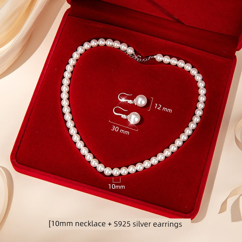 Adult Women Sterling Silver White Pearl Necklace-2 Hanging White Pearl Earrings Fine Imitation Jewelry Sets/Colors-White/Silver
