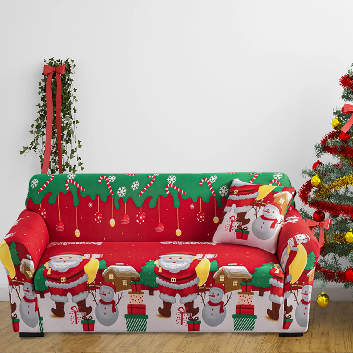 Colorful Christmas Theme Polyester Red-Brown Sofa-Chair Slipcovers