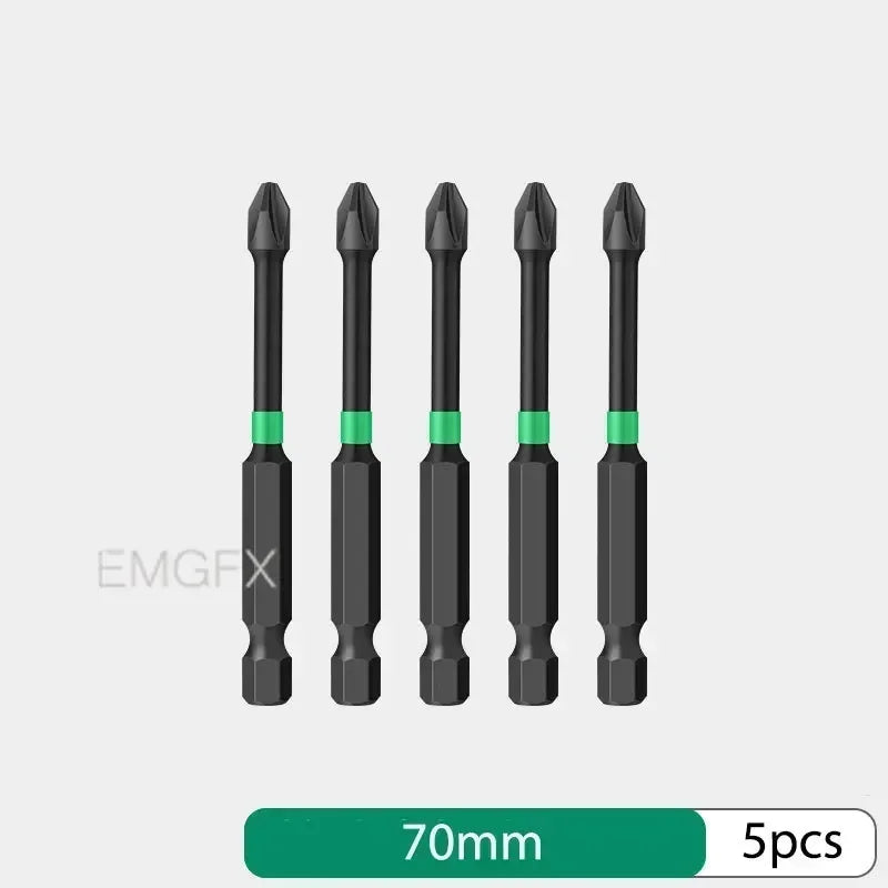 EMGFX 5 PCS Set Mechanic Design Impact Resistant Phosphating Black-Green Coating Alloy Steel Phillips Screw Head Low Magnetic Screwdriver BITS For Drills