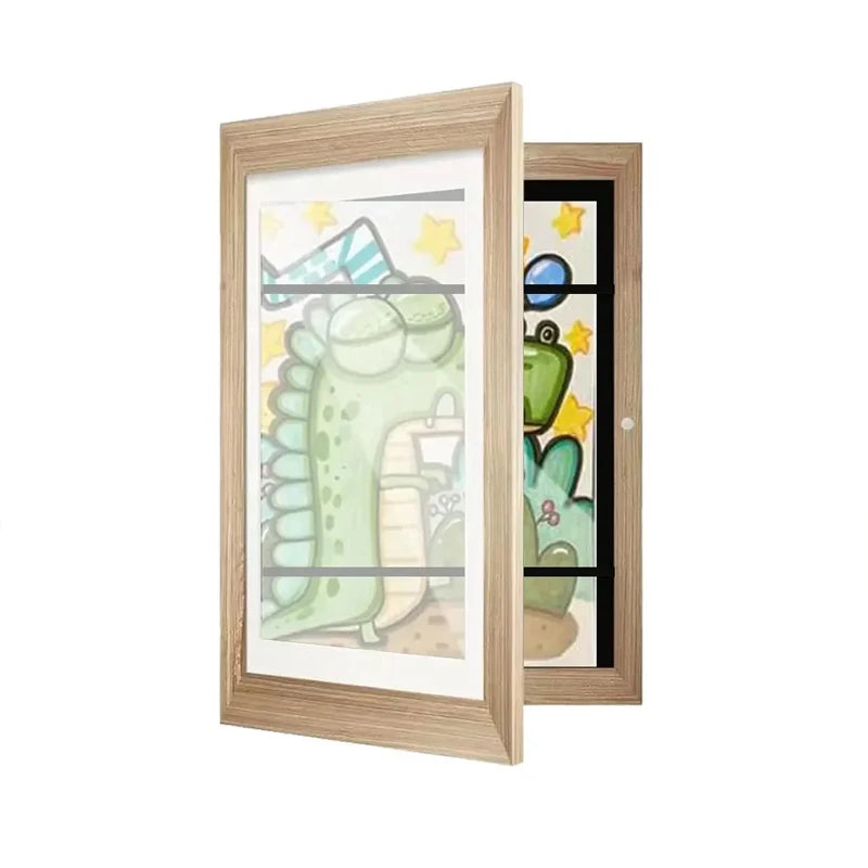 Kids Rectangle Wood Trim Frame Clear Acrylic Magnetic Suction Closure Display A4 Artwork Frames/Colors-Black/Brown/White/Beige/Blue/Elastic Band/Hook