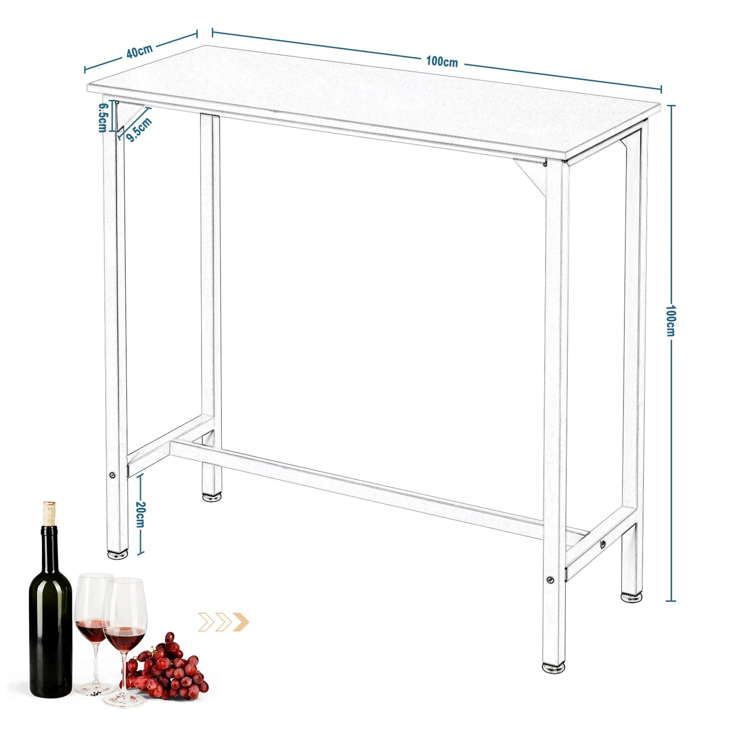 Wood Top Rectangle Narrow High Console Metal Framed Reinforced Bars Cocktail Table/Colors-Black/White