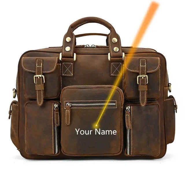 Men Luufan Vintage Zipper Cow Leather Briefcase Bags/Fits 15.6 Inch Laptop/Handles/Shoulder Straps/Single-Laptop Compartments/External Pockets/