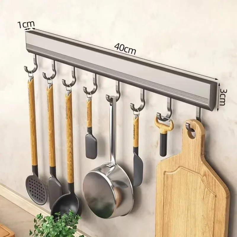 Kitchen Aluminum Wall Mounted Drill-Free Inserted Rubber Ring Hanging 6-8-10 Hooks Utensil Rack/Use Super Glue/Suitable For Smooth Non-Porous Surfaces/Colors-Silver/Gray