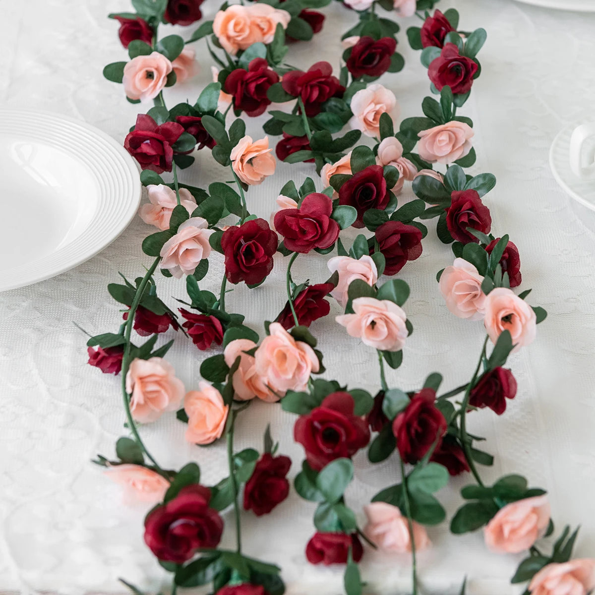 Plastic Artificial Climbing Flowering Silk Rose Vines/Colors-Light Blue/Red Rose/Deep Blue/Black/Light Purple/Champagne/Deep Pink/Orange/Plum/Beige/Light Blue/Burgundy
