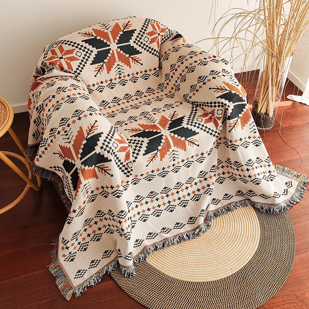 Jacquard Boho Rectangle Polyester-Cotton Oversized Aztec Native American Geometric Double-Sided Blanket Fringed Tapestries