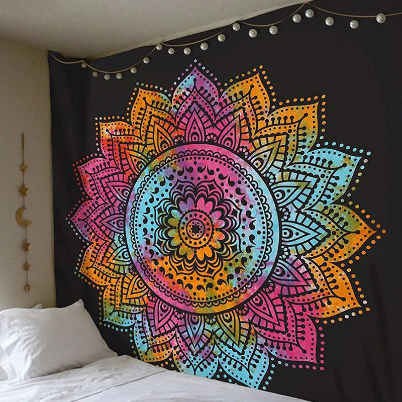 Geometric Color Printed Black Background Mandala Wall Hanging Cotton-Polyester Tapestries
