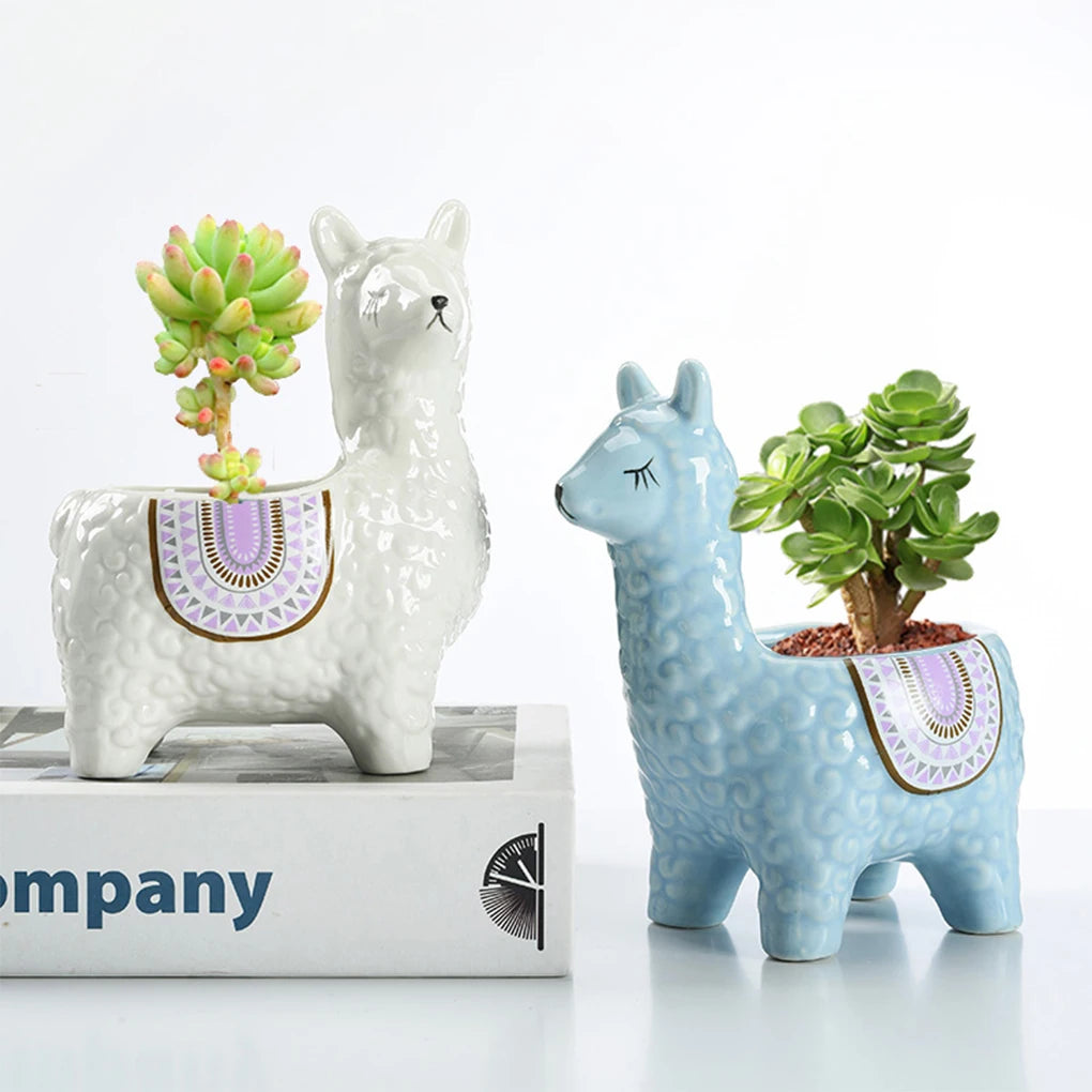 Home Garden Indoor Multicolor Cute Ceramic Alpaca Animal Shape Mini Succulent Planter Pots/Colors-Geometric/Multicolor/Blue/Animals