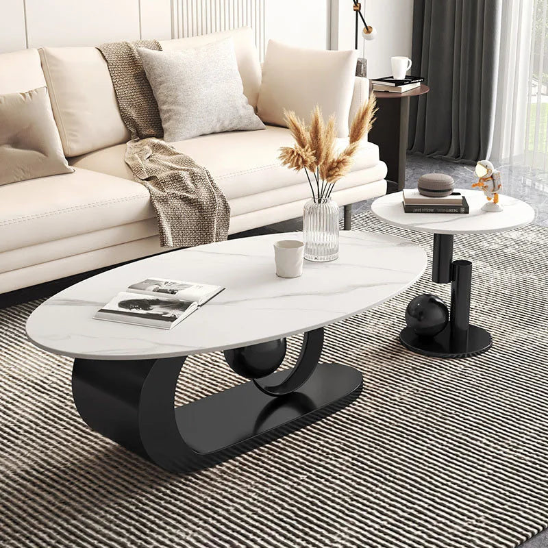 2 pcs Marble Topped Oval-Shaped Coffee Table Gold Colored Metal Base / Small Round Coffee Table Set/ Size: Oval Table 42cm H x 120/130cm W/ Size: Small Round 50cm W x 48cm H