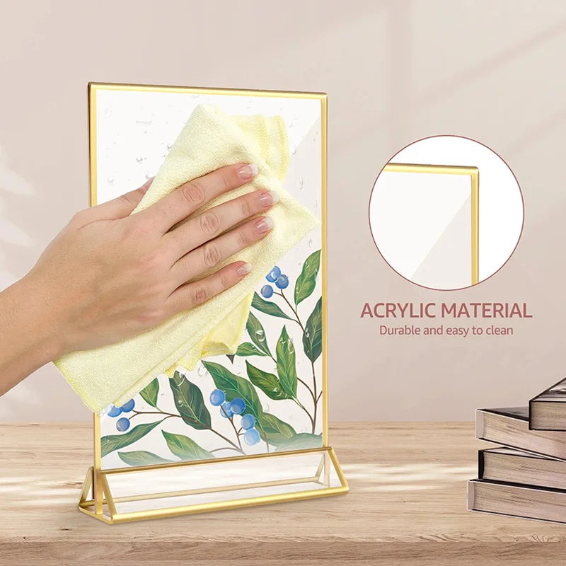 Indoor Gold Edge Color Rectangle Rounded Corner Transparent Clear Acrylic Tabletop Flyer Holder Display Stand Triangle Frame Base/2 Sizes: 4 x 6 Inches-5 x 7 Inches