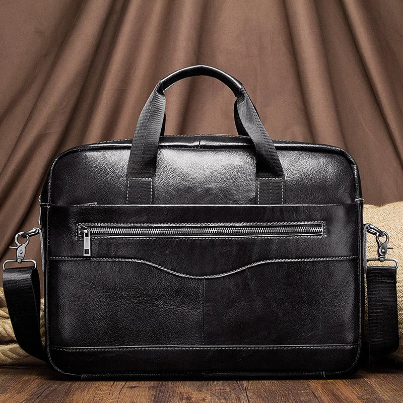 Men Cow Leather Briefcase Zipper Polyester Bags/Shoulder Straps-Handles/Laptop Compartment/Pockets/ Fits 13 Inch MacBook Air Laptop/Colors-Black/Brown