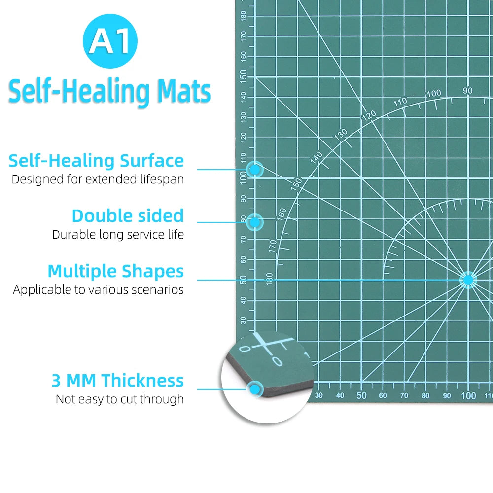 QJH Green PVC Flat Self-Healing Surface Double-Sided Leathercraft Cutting Mats/ Grid Lines/Multiple Shapes