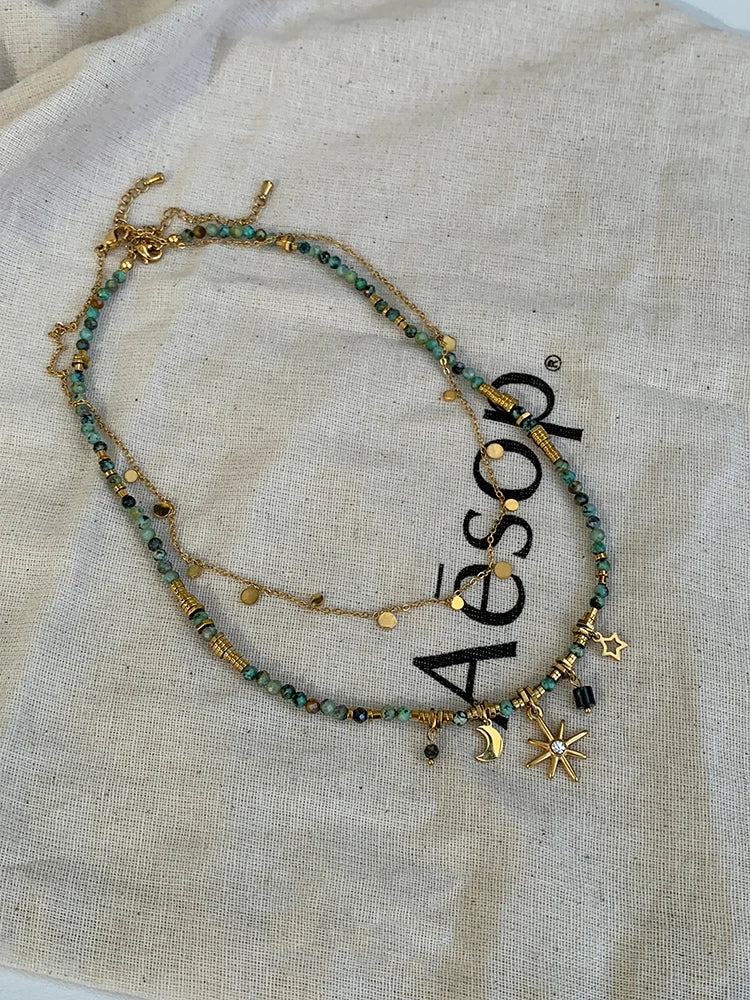 Peri's Box Adult Women Imitation Vintage Green Natural Stone Beaded Pendant Half Moon-Sun-Star Gold-Colored Metal Charm Necklaces/Colors-Gold/Green/Multicolor/Geometric