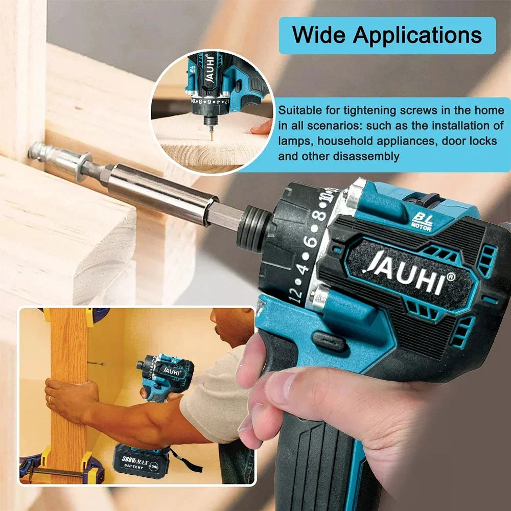 JAUHI Industrial Grade 388VF Red Button-Blue-Black Pistol Handle Brushless Electric Impact Wrench Rechargeable Lithium Battery-Powered Cordless Drill Power 18V Screwdrivers/Adapts To Makita 18V Lithium Battery/Colors-Black/Red/Gray/Blue