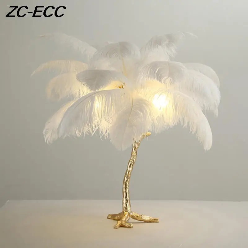 Modern Resin Gold Iron Tree-Like Trunk Base LED Ostrich Feather Up-Down Shade Standing Table Lamps/Colors-White/Pink/Blue/Orange/Black/Gold