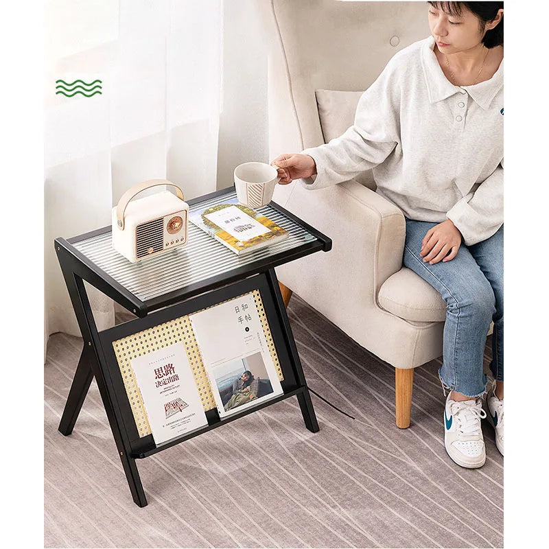 Z Shaped Bamboo Removable Glass Top End Table W/ Magazine Rack/Colors-Black/Brown/Oak