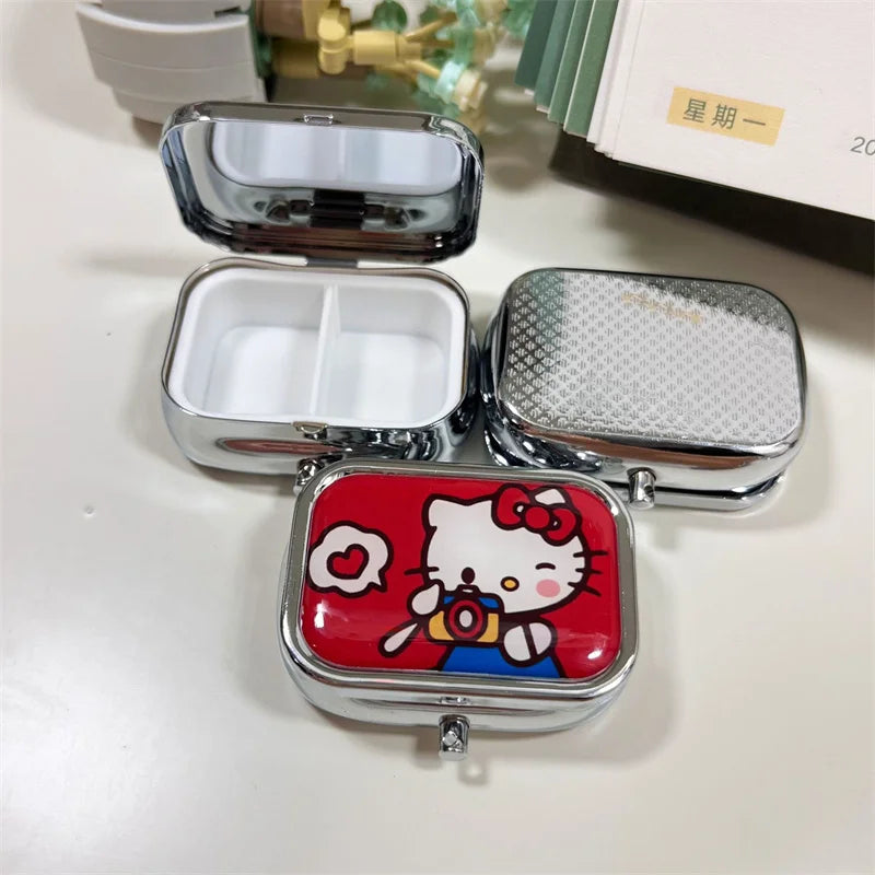 Hello Kitty's Cat Portable Square HD Mirrored Mini Sealed Cute Cartoon Girl Heart 2 Sub-Pockets Jewelry Box