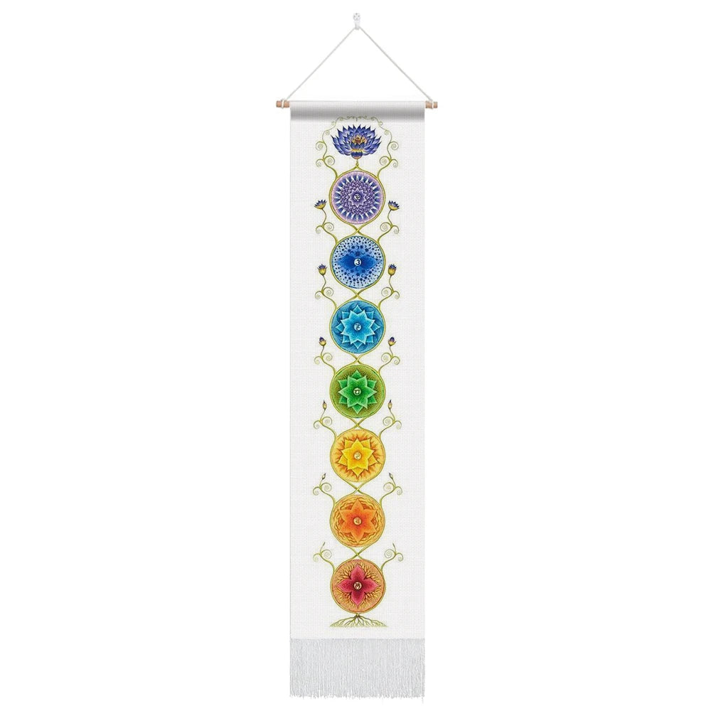 Unisex Rectangle Knitted Cotton-Polyester Blend Printed Soft Fabric 4 Colorful Geometric Chakras Themes Intricated Design Fringed Spiritual Meditation Wall Hanging Tapestries