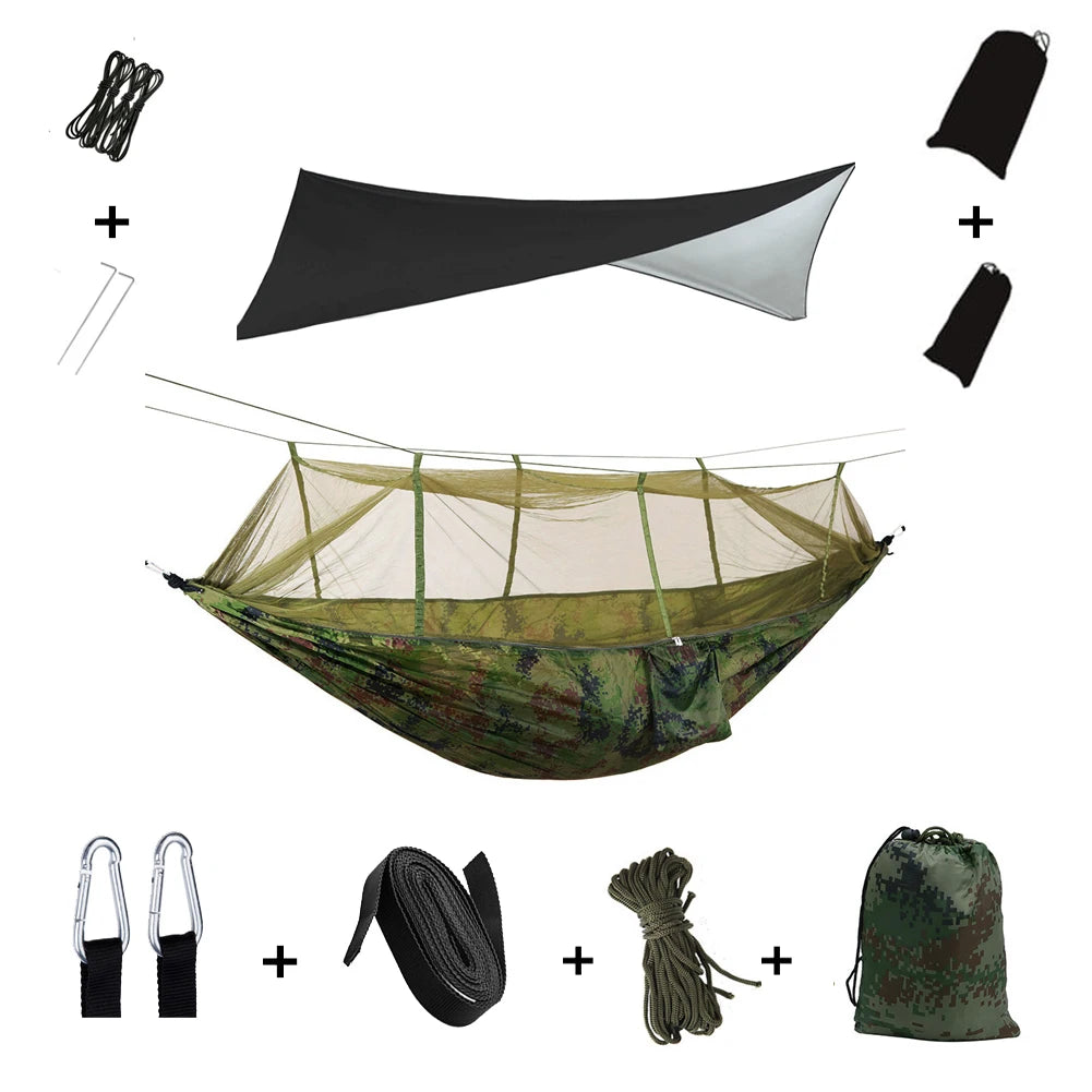 Outdoor Lightweight Waterproof Portable Nylon Mosquito Net-Rope Sleeping Camping Tarp Hammocks/Colors-Camouflage/Gray/Pink/2 Tree Straps/2 Steel Carabiners/Hammock Bag/Load Bearing Weight : 440 lbs