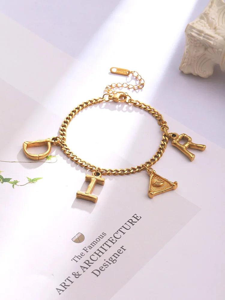 Women Imitation Gold Geometric Stainless Steel Link Chain Letter Charm Lobster-Claw-Clasps Bracelets