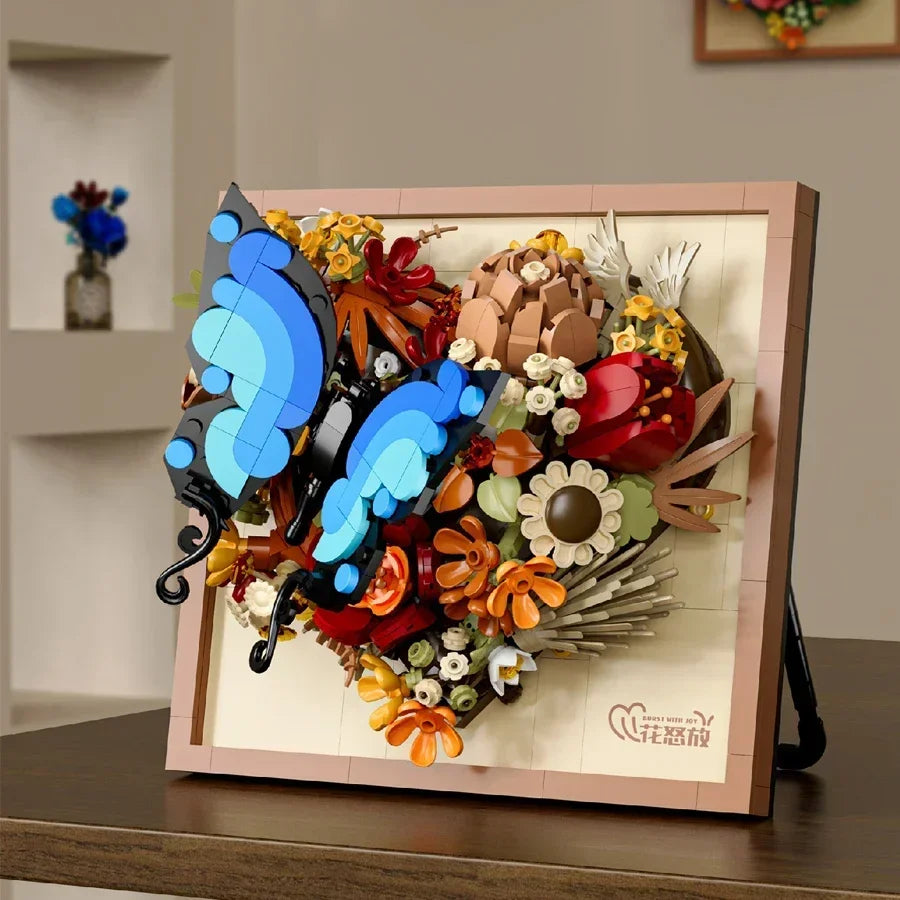 Kids 3D DIY Craft Building Blocks Plastic Picture Frame Mini Brick Trim Heart Shape Flower Wreath Black-Blue Beautiful Butterfly/With Stand On Back Of Frame/Ages: 3-6 Years Older/Yellow/Blue/Black/Floral/Multicolor/Animals