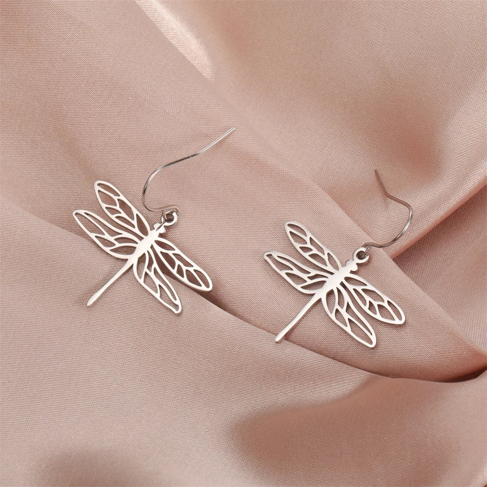 My Shape Dragonfly Earrings for Women Girls Gold Color Stainless Steel Dangle Earrings Hoop Earrings Insect Fashion Jewelry Gift