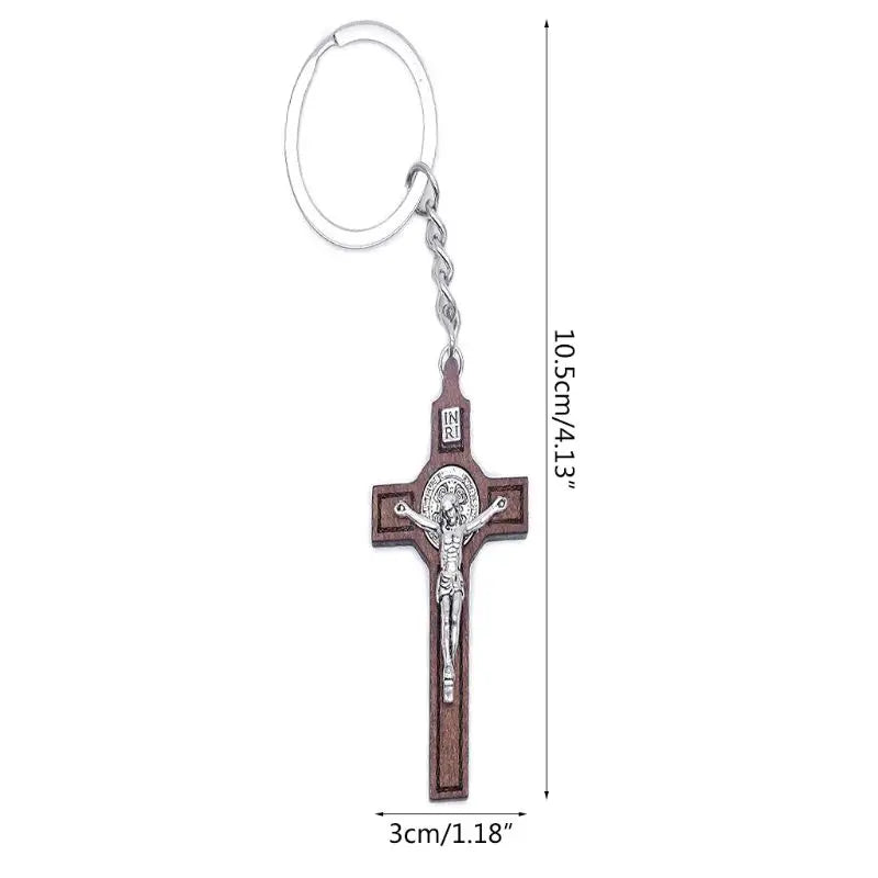 Brown Wooden Cross w / Metal Jesus On The Cross Keychains
