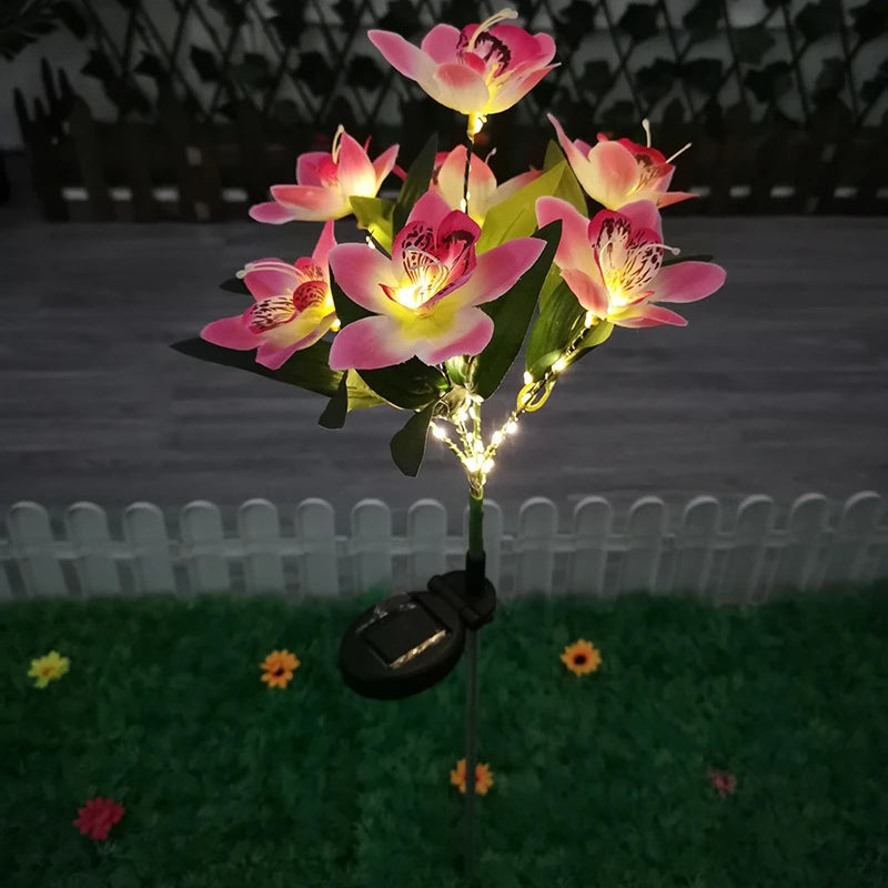RUSNAK Outdoor Modern Multicolor LED Solar-Powered 7-Head Artificial Orchid Ground Landscape Pathway Lighting/ Colors-Black/Floral/Multicolor