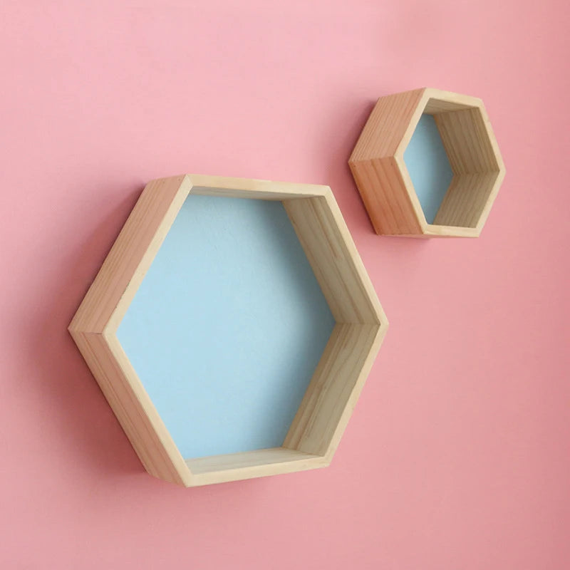 2 PCS Set Kids Wood Wall Mounted Hexagon Shaped Floating Shelves/Colors-Beige/Yellow/Pink/Green