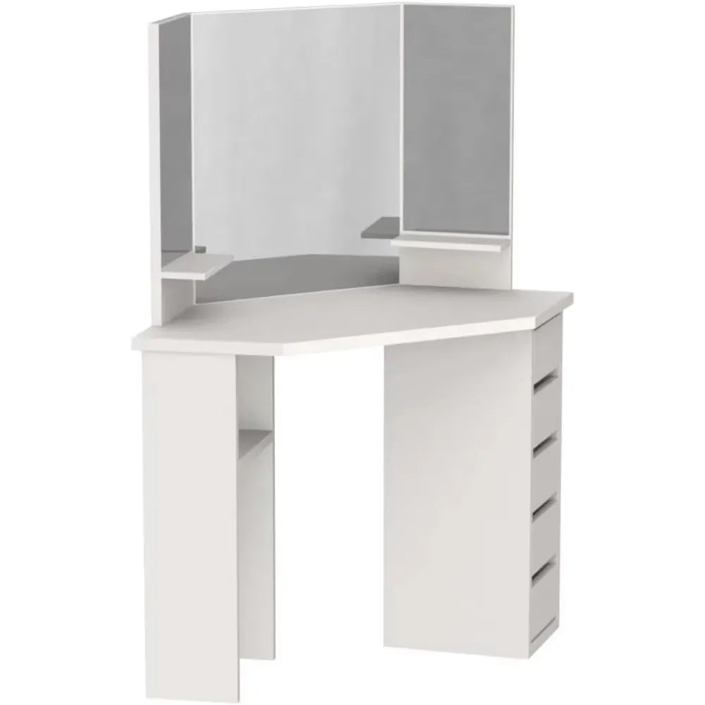 Modern Corner Wood Lighted Mirrored Women Make-Up Vanity Desk /Drawers/Colors-White/Brown/Gray