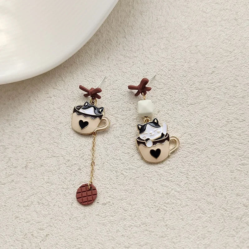 Women-Teen Girls Metal Long Tassel Asymmetrical Enamel Needle Cute Cartoon Cats Coffee-Teacup Dangle Drop Fine Imitation Earrings/Colors-Green/Multicolor/Geometric/Animals
