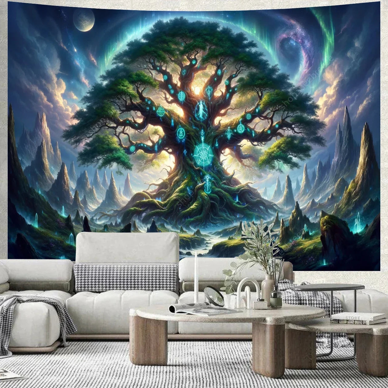 Colorful Green Forest Red Mushrooms Water Flowing Printed Polyester Woven Garden Of Eden Nature Tree Of Life Wall Hanging Tapestries