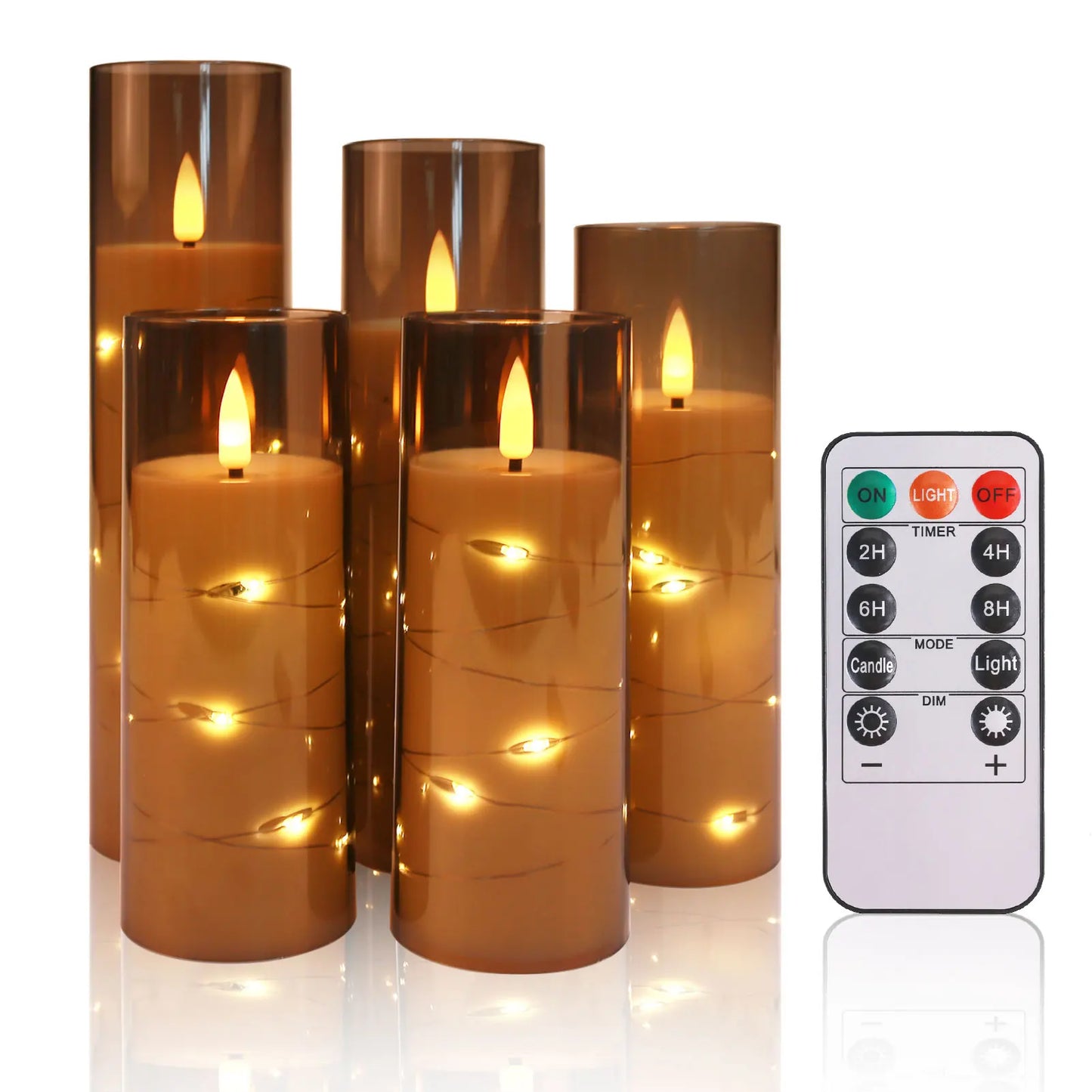 5 PCS Set LED Embedded Star String Detailing Round Pillar Flickering Flameless Candles /Timer Remote/Changeable Wick/Colors-White/Brown/Gray/Orange