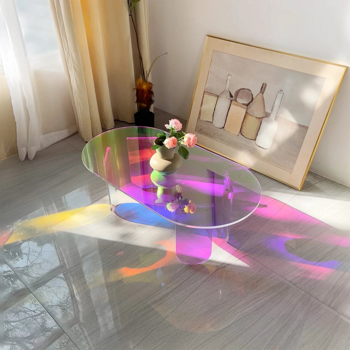 No-EN-Name-Null Modern Curved Corners Long Rectangle Shaped Iridescent Design Clear Acrylic Coffee Tables/Size: 37.4 in (L) x 19.7 in (W) x 14.2IN (H)