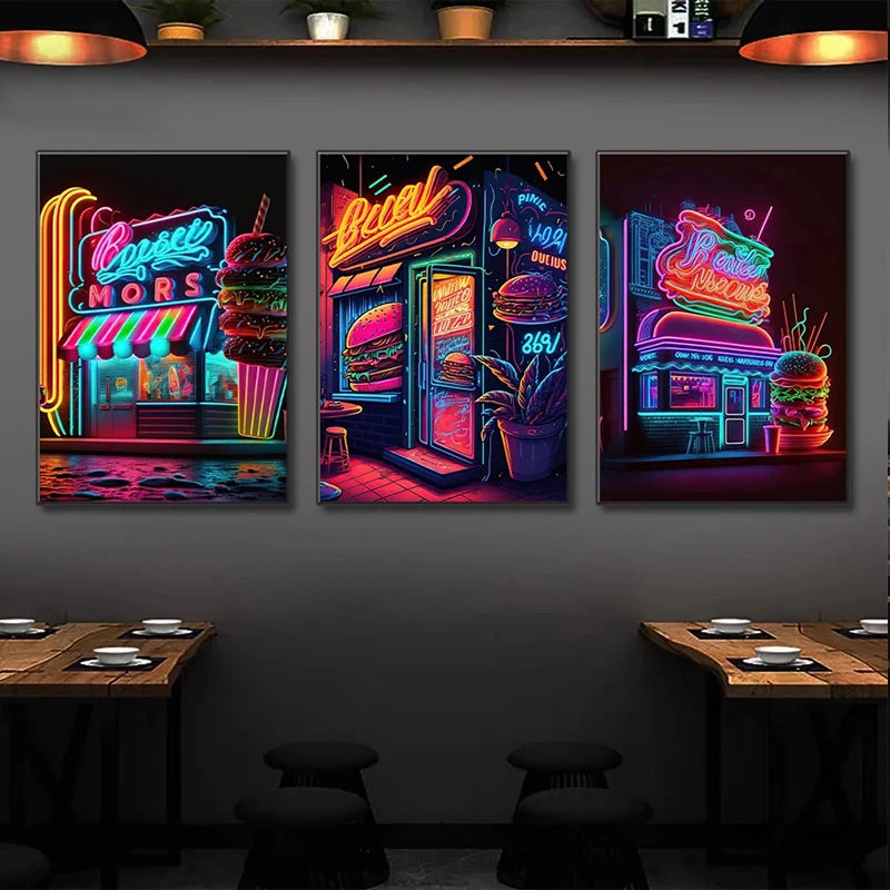 Unframed Modern Cotton Canvas Cartoon Neon Fast Food/Soft Drinks Prints/Colors-White/Blue/Multicolor