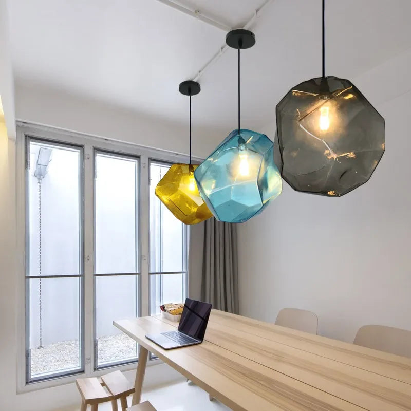 Indoor ART DECO Colorful LED Stone Shape Glass Cord Pendant Ceiling Light Fixtures/ Colors-Red/Blue/Brown/Yellow/Clear