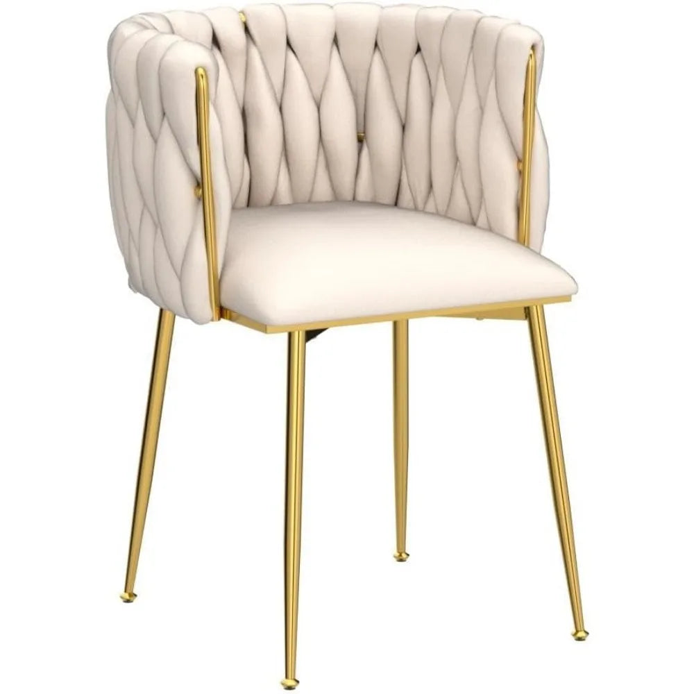 4 pcs Velvet Curved Backrest Woven Upholstered Padded Cushion Tufted Dining Chair Set w/ 4 Gold Metal Legs/Colors-Beige/Gold/Gray/Yellow/Black