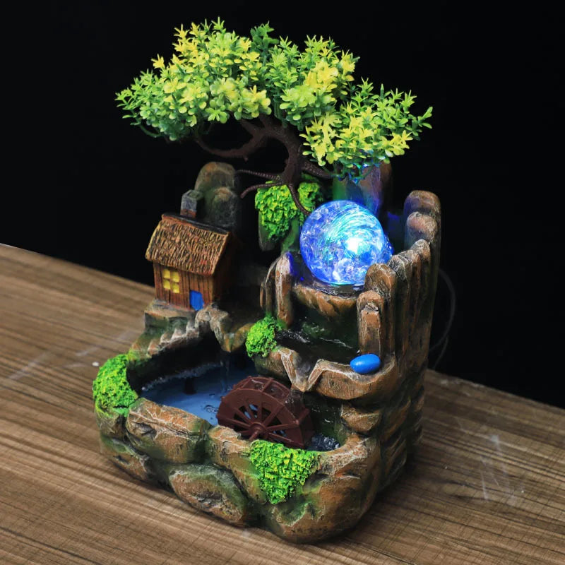 Feng Shui Water Fountain Indoor Waterfall Desktop Ornaments with Led Lights Resin Rockery Flowing Water Office Home Decor Gifts