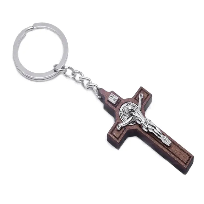Brown Wooden Cross w / Metal Jesus On The Cross Keychains