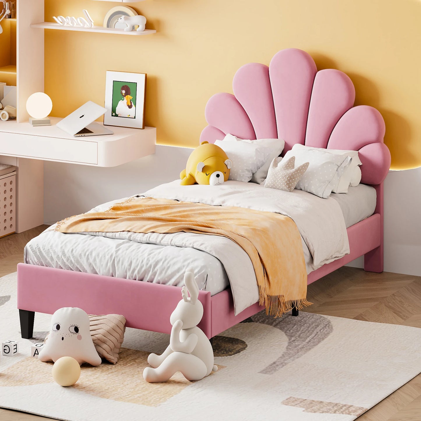 No-EN-Name-Null Modern Upholstery Padded Flower Shaped Soft Velvet Headboard Platform Bed FRAMES / WITHOUT MATTRESS-DRAWER/ Headboard-Slats/Dimensions: 206cm L x 100cm W x 110.5cm H /Colors-Beige/Burgundy/Pink/ Load Capacity: 440.925 LBS