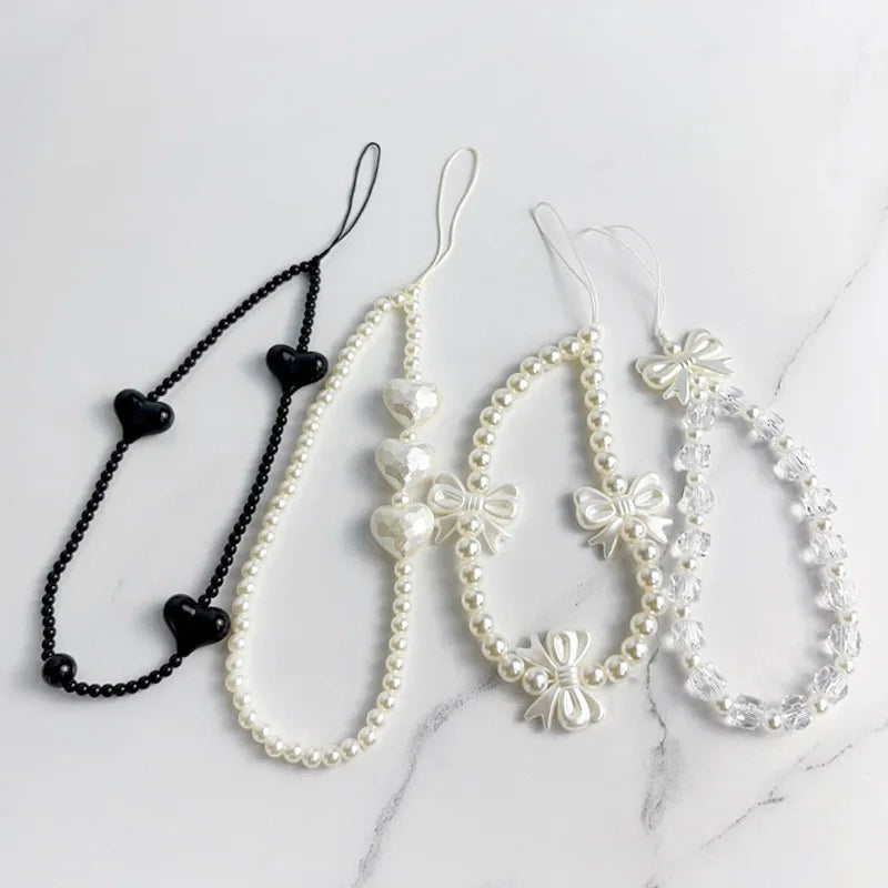 Women Korean Cute Beaded Faux Pearl Charm Strong Nylon Rope Hanging Wrist Strap Phone Accessories/Colors-Black/White/Clear