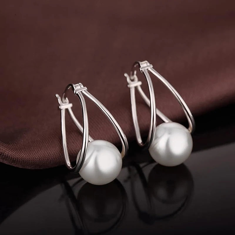Women-Teen Girls Silver Copper-Brass Metal Geometric Simple Round Imitation Simulated White Pearl Hoop Earrings