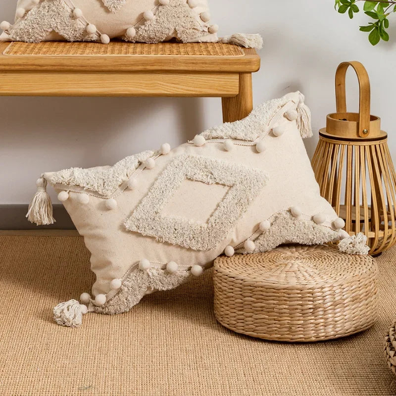 Tufted Beige Embroidered Linen /Polyester Tasseled Throw Pillows /Sizes -45 x 45cm /30 x 50cm