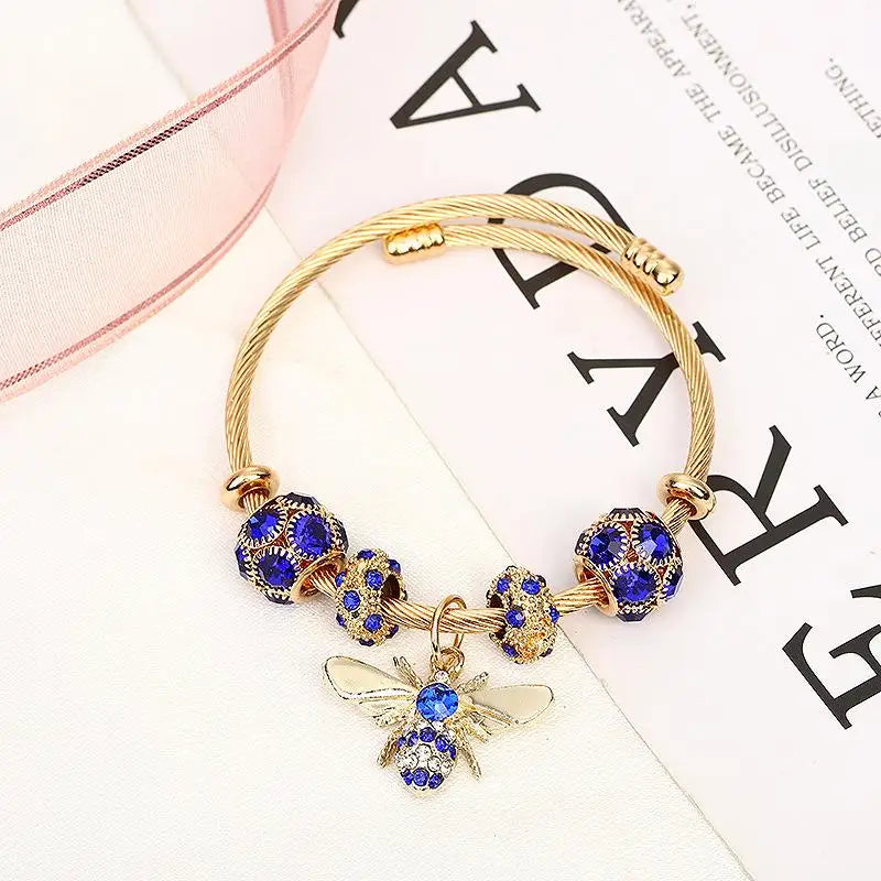 Women Round Titanium Steel Metal Inlay Imitation Crystal Rhinestone Bee Shape Gold-Black Balls Toggle-Clasps Bangle Charm Bracelets/Colors-Gold/Silver/Red/Clear/Pink/Geometric
