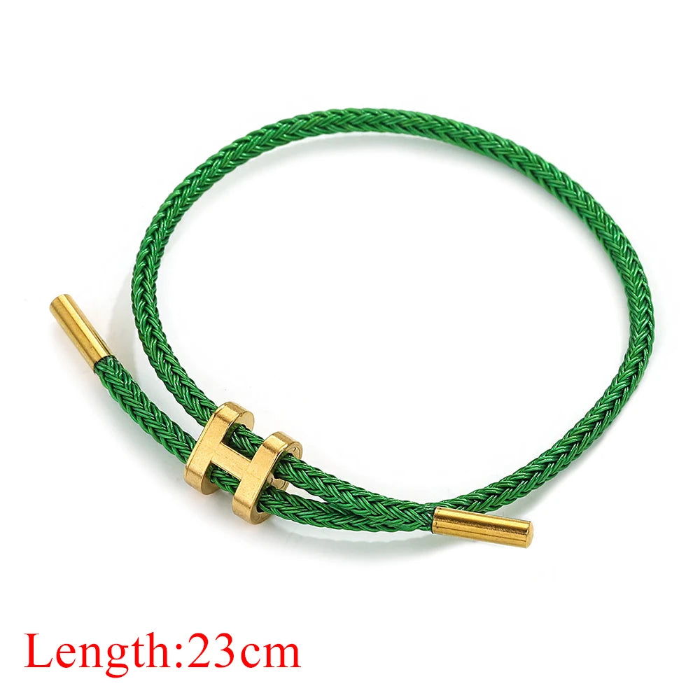 Unisex Round Stainless Steel Adjustable Braided Wire Rope Charm Vacuum Plated 18k Gold Toggle-Clasps Bracelets/Colors-Blue/Pink/Green/Red/Geometric