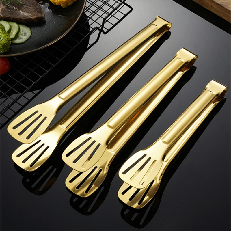 Kitchen Durable Stainless Steel BBQ Cooking Tongs/Colors-Gold/Black/Silver