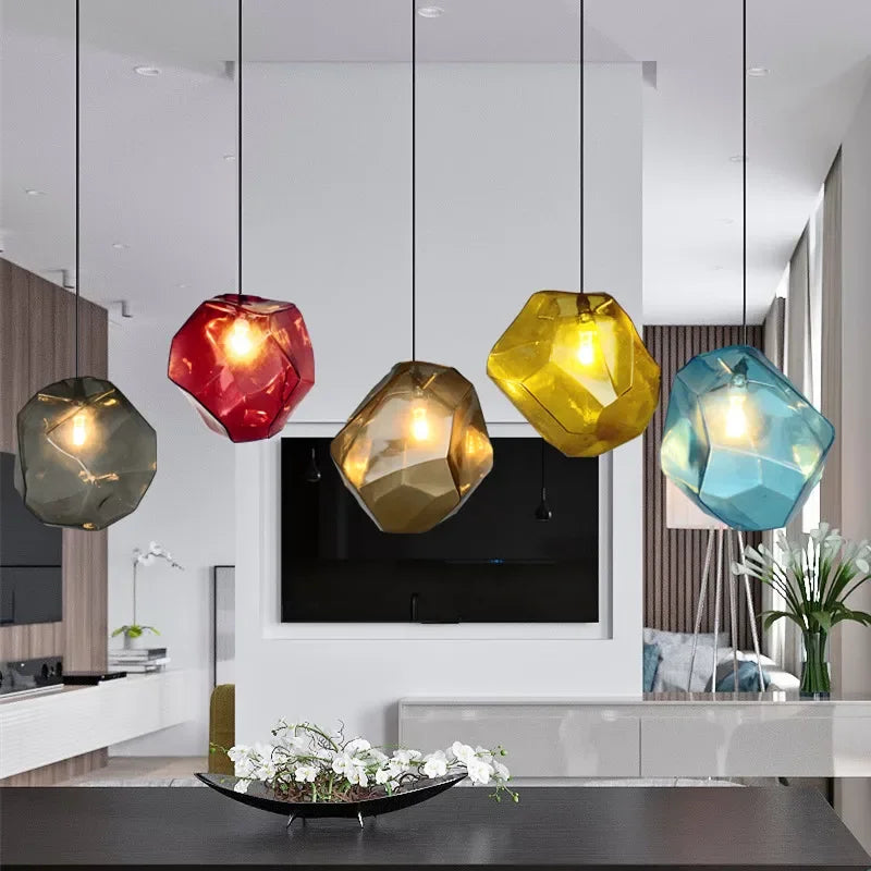 Indoor ART DECO Colorful LED Stone Shape Glass Cord Pendant Ceiling Light Fixtures/ Colors-Red/Blue/Brown/Yellow/Clear