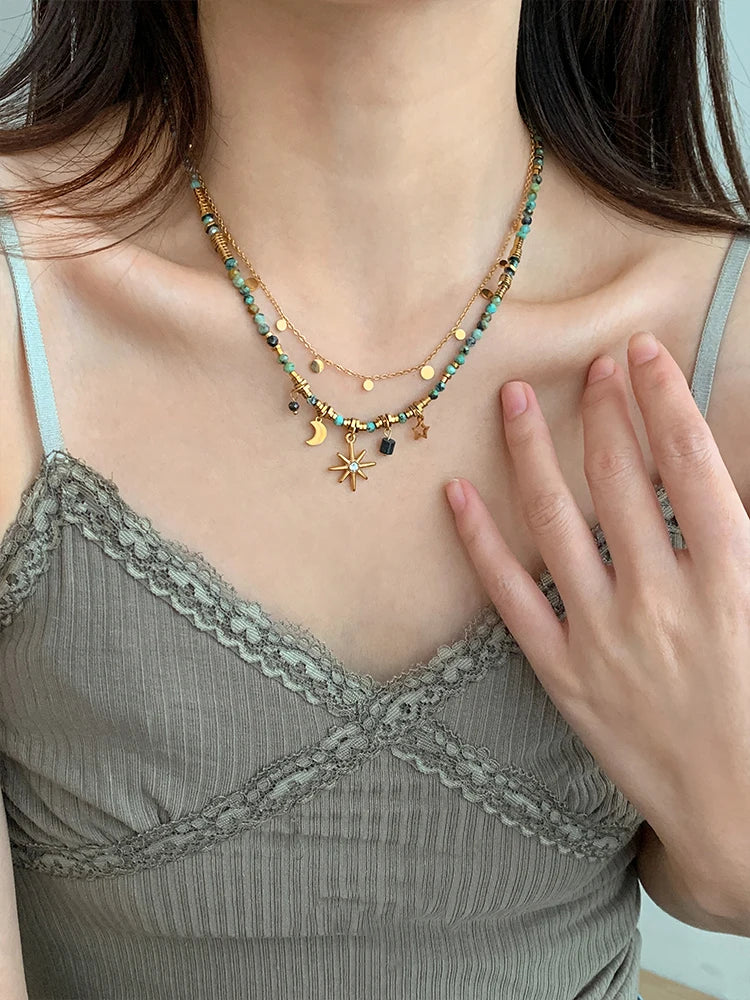 Peri's Box Adult Women Imitation Vintage Green Natural Stone Beaded Pendant Half Moon-Sun-Star Gold-Colored Metal Charm Necklaces/Colors-Gold/Green/Multicolor/Geometric