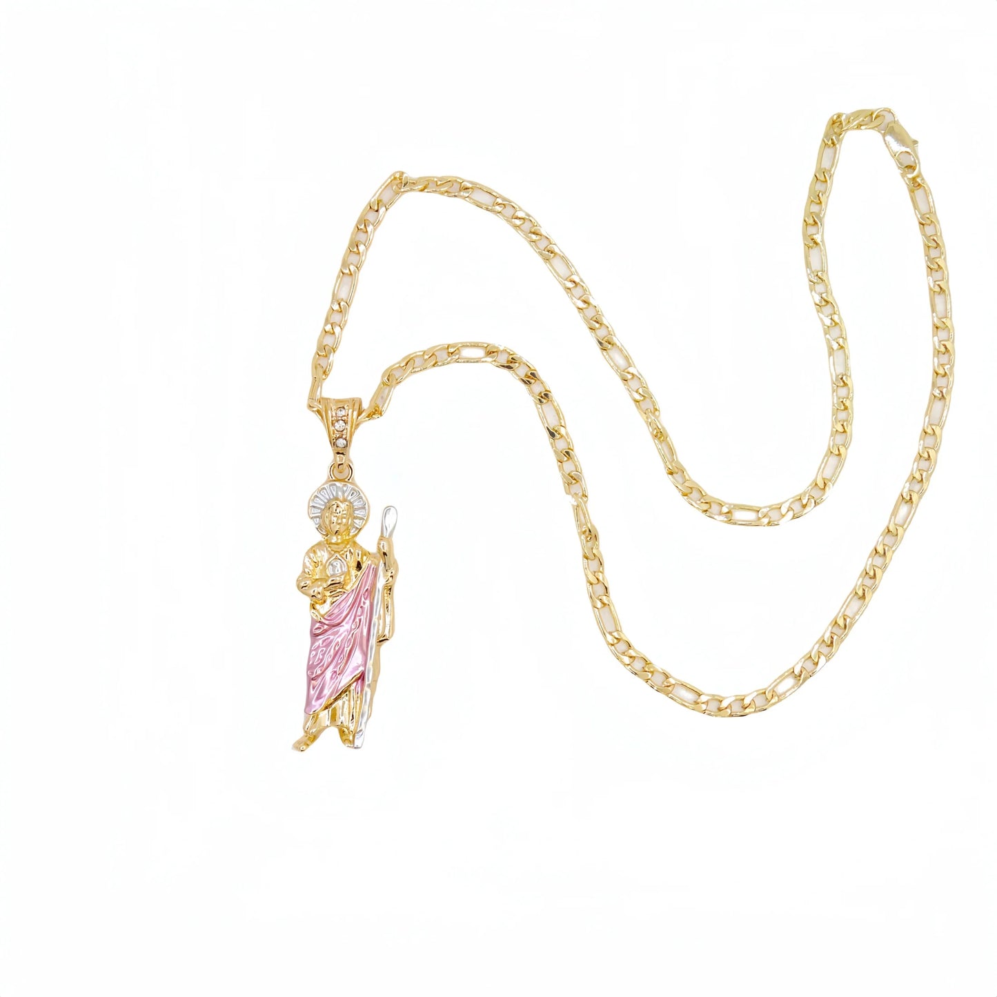Adults-Teens 14K Gold-Plated Copper Metal Catholicism Religious Style Figaro Chain Saint Jude Pendant Necklaces/Colors-Gold/Green/Pink/White/Multicolor
