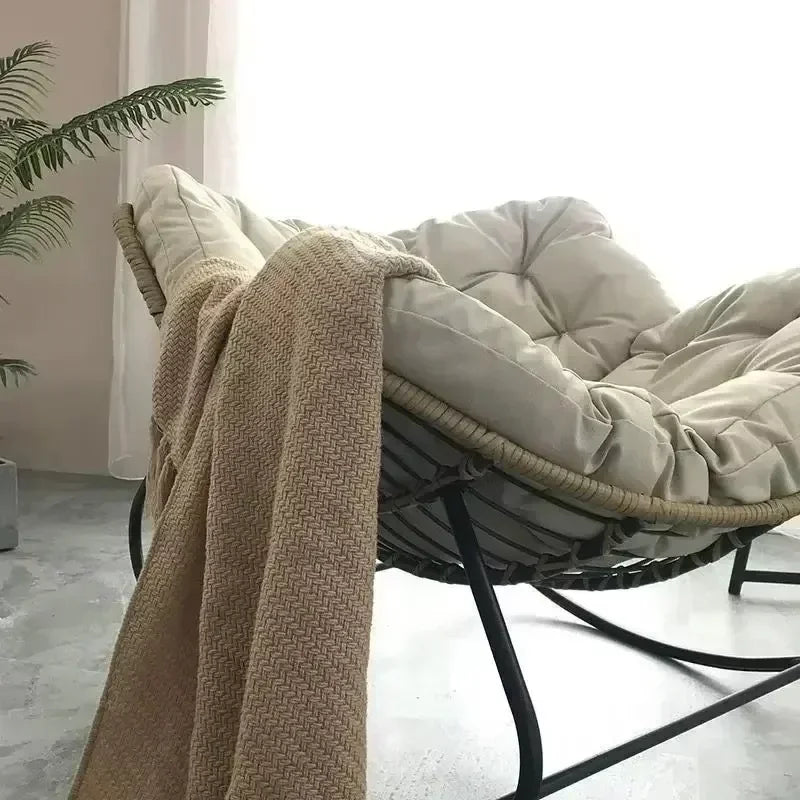 Kids Indoor Rattan Woven Soft Flannel Upholstered Faux Leather Cushion Bird Nest Shaped Metal Frame Rocking Chairs/Colors-White/Black/Gray/Green/Pink/Brown/Beige